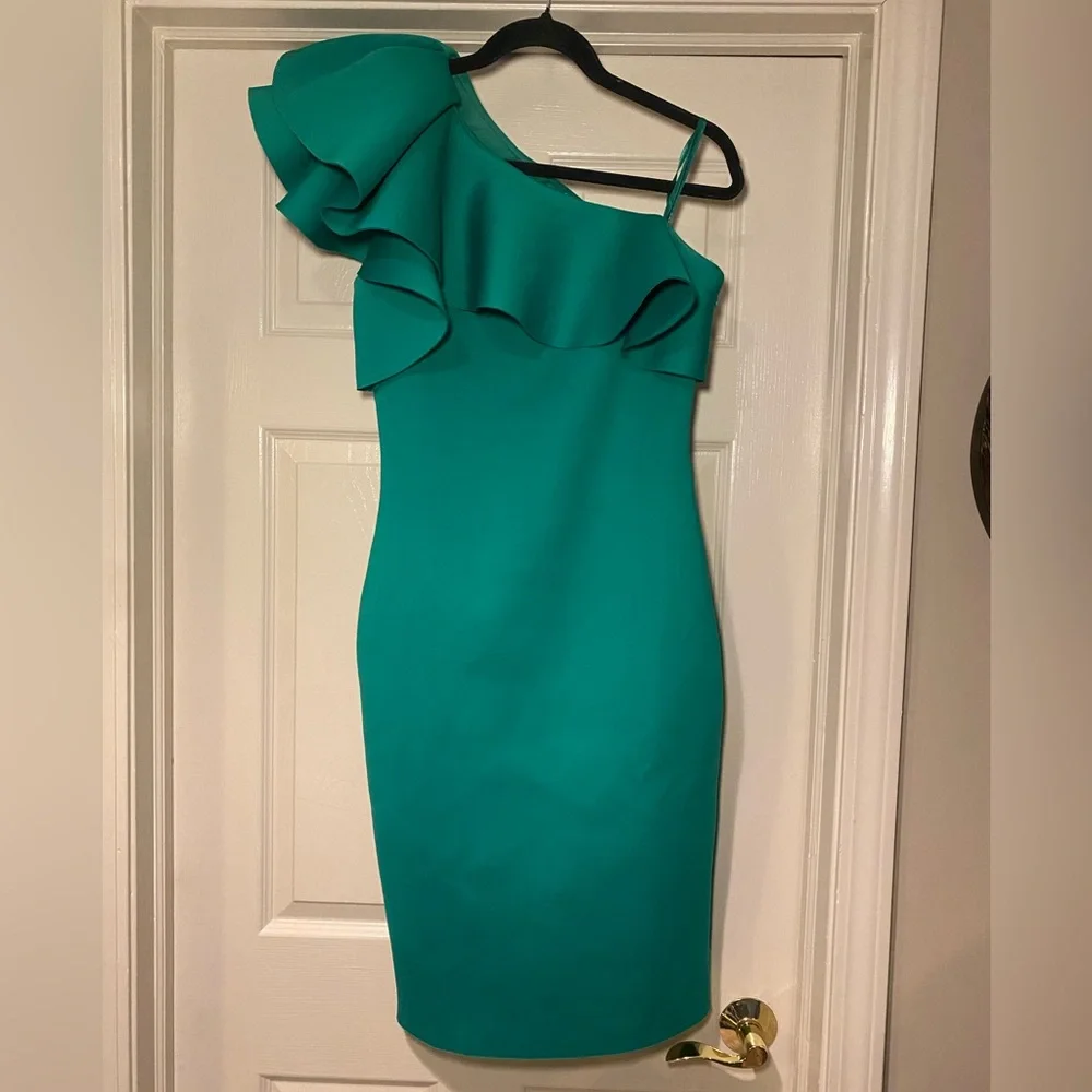 NWOT Eliza J Women's Green‎ Ruffled One-Shoulder Scuba Dress Holiday Christmas